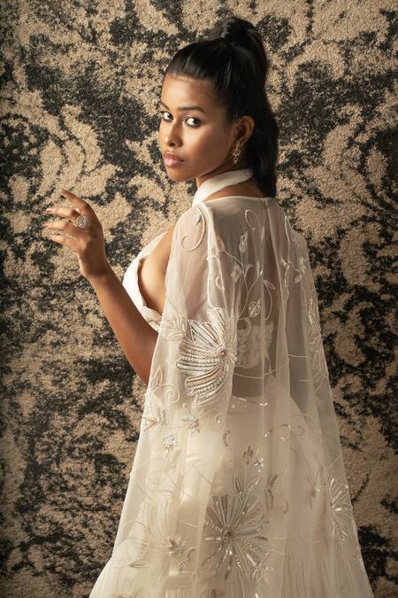 Buy_Jigar & Nikita_Ivory Silk, Net Sequins, Cut Work Halter Neck Floral Embroidered Cape Set _Online_at_Aza_Fashions