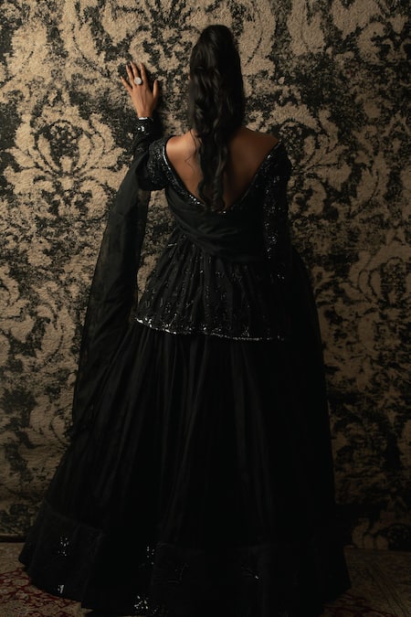 Shop_Jigar & Nikita_Black Organza Embroidery, Cut Work Scoop Neck Peplum Kurta And Lehenga Set _at_Aza_Fashions