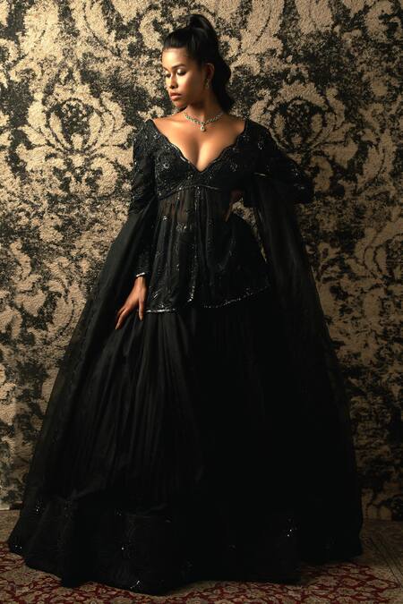 Jigar & Nikita_Black Organza Embroidery, Cut Work Scoop Neck Peplum Kurta And Lehenga Set _Online_at_Aza_Fashions