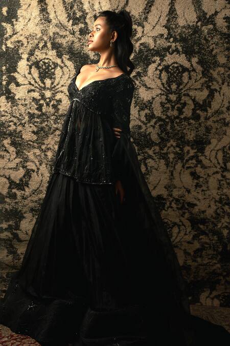 Buy_Jigar & Nikita_Black Organza Embroidery, Cut Work Scoop Neck Peplum Kurta And Lehenga Set _Online_at_Aza_Fashions
