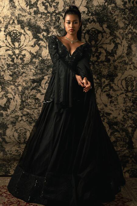 Shop_Jigar & Nikita_Black Organza Embroidery, Cut Work Scoop Neck Peplum Kurta And Lehenga Set _Online_at_Aza_Fashions