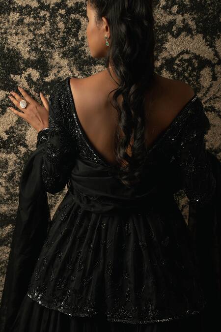 Jigar & Nikita_Black Organza Embroidery, Cut Work Scoop Neck Peplum Kurta And Lehenga Set _at_Aza_Fashions