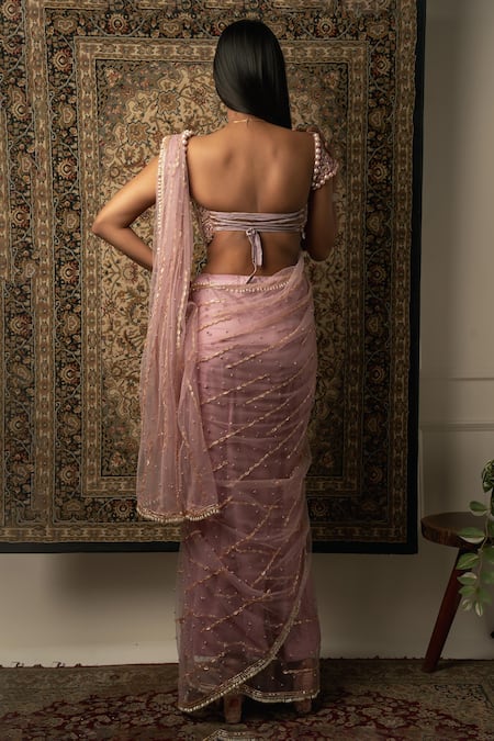 Shop_Jigar & Nikita_Purple Net, Velvet, Satin Cut Work, Stripe Embroidered Saree With Blouse _at_Aza_Fashions
