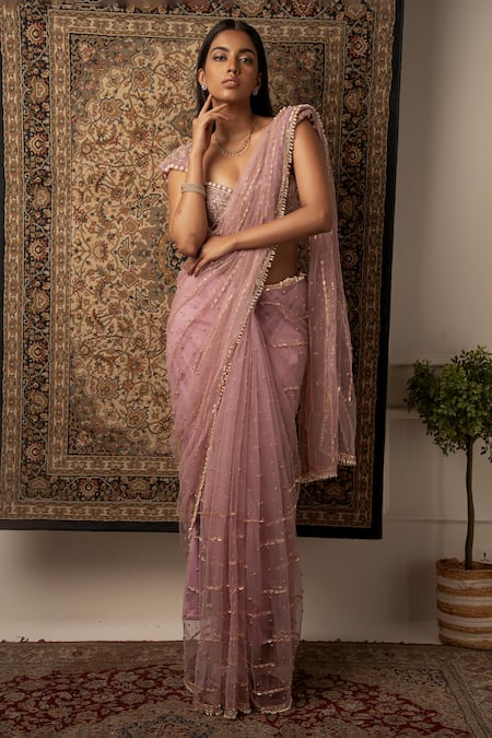 Buy_Jigar & Nikita_Purple Net, Velvet, Satin Cut Work, Stripe Embroidered Saree With Blouse _Online_at_Aza_Fashions