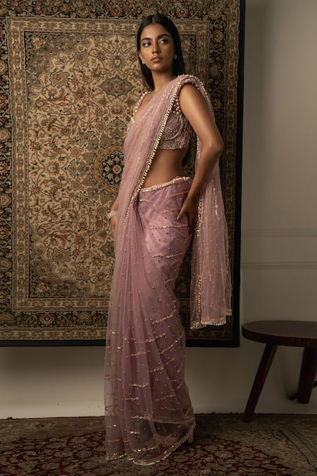Shop_Jigar & Nikita_Purple Net, Velvet, Satin Cut Work, Stripe Embroidered Saree With Blouse _Online_at_Aza_Fashions