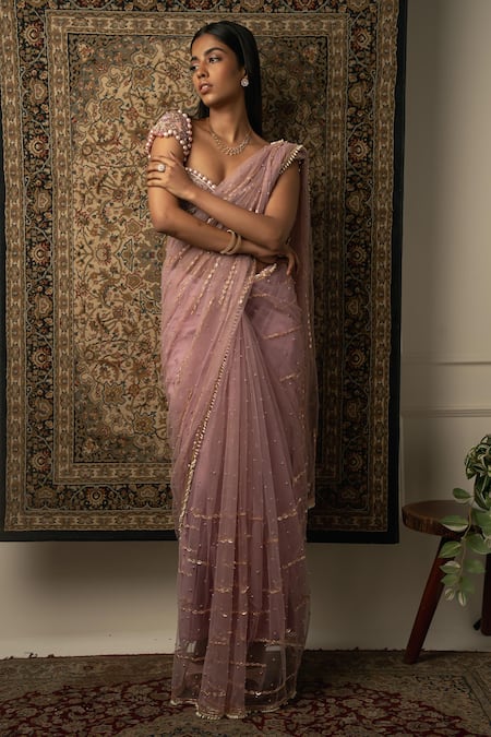 Jigar & Nikita_Purple Net, Velvet, Satin Cut Work, Stripe Embroidered Saree With Blouse _at_Aza_Fashions