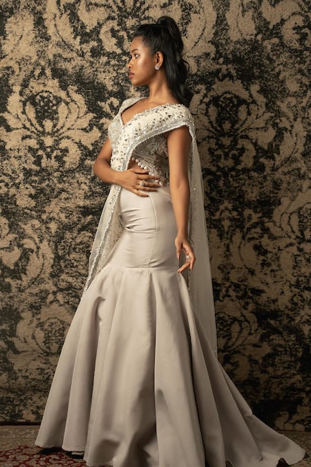 Jigar & Nikita_Grey Velvet, Net, Silk Beads, Pre-draped Skirt Saree With Embroidered Blouse _Online_at_Aza_Fashions