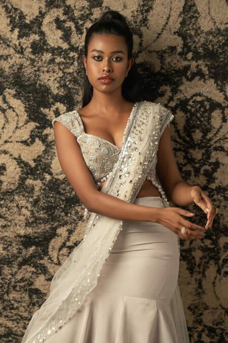 Buy_Jigar & Nikita_Grey Velvet, Net, Silk Beads, Pre-draped Skirt Saree With Embroidered Blouse _Online_at_Aza_Fashions