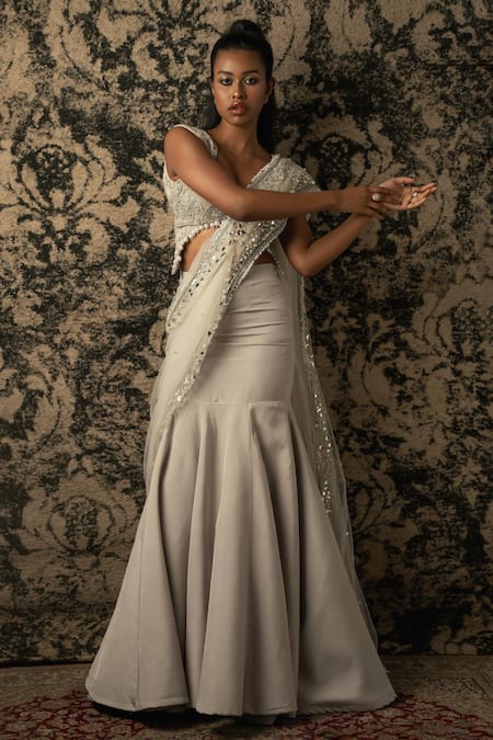 Shop_Jigar & Nikita_Grey Velvet, Net, Silk Beads, Pre-draped Skirt Saree With Embroidered Blouse _Online_at_Aza_Fashions