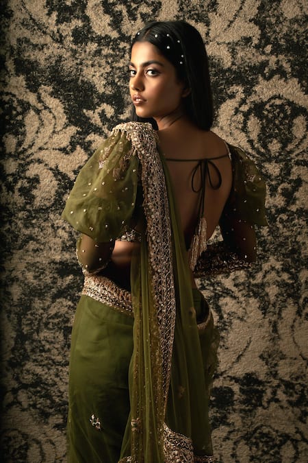 Shop_Jigar & Nikita_Green Organza, Net, Velvet Beads, Zari Floral Embroidered Saree With Blouse _at_Aza_Fashions