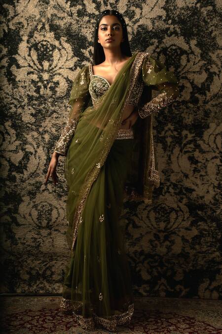 Jigar & Nikita_Green Organza, Net, Velvet Beads, Zari Floral Embroidered Saree With Blouse _Online_at_Aza_Fashions