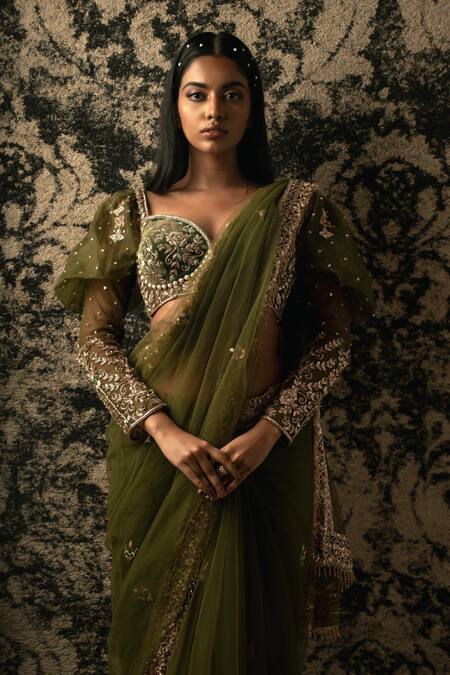 Buy_Jigar & Nikita_Green Organza, Net, Velvet Beads, Zari Floral Embroidered Saree With Blouse _Online_at_Aza_Fashions
