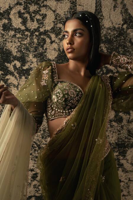 Shop_Jigar & Nikita_Green Organza, Net, Velvet Beads, Zari Floral Embroidered Saree With Blouse _Online_at_Aza_Fashions