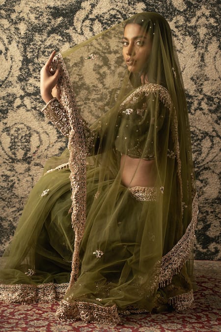 Jigar & Nikita_Green Organza, Net, Velvet Beads, Zari Floral Embroidered Saree With Blouse _at_Aza_Fashions