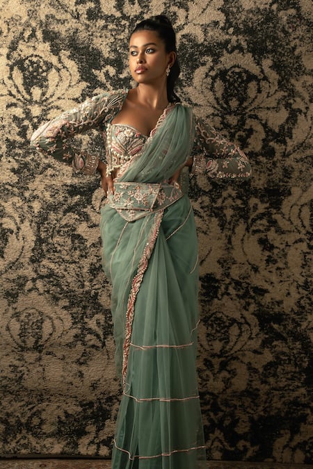 Shop_Jigar & Nikita_Green Net, Satin Beads, Sequins, Cut Work Embroidered Saree With Blouse _at_Aza_Fashions