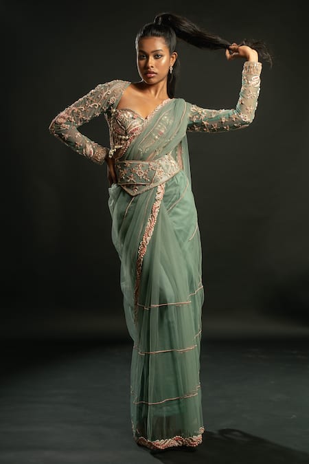 Jigar & Nikita_Green Net, Satin Beads, Sequins, Cut Work Embroidered Saree With Blouse _Online_at_Aza_Fashions