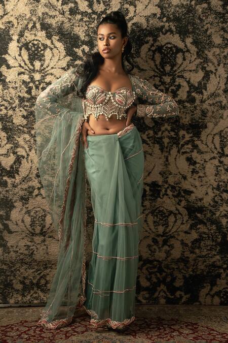 Buy_Jigar & Nikita_Green Net, Satin Beads, Sequins, Cut Work Embroidered Saree With Blouse _Online_at_Aza_Fashions