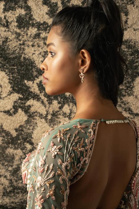 Shop_Jigar & Nikita_Green Net, Satin Beads, Sequins, Cut Work Embroidered Saree With Blouse _Online_at_Aza_Fashions