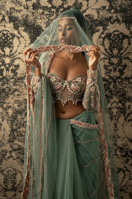 Jigar & Nikita_Green Net, Satin Beads, Sequins, Cut Work Embroidered Saree With Blouse _at_Aza_Fashions