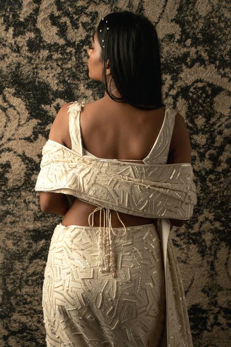 Shop_Jigar & Nikita_Ivory Georgette, Silk , Net, Cut Work, Embroidered Saree With Blouse _at_Aza_Fashions
