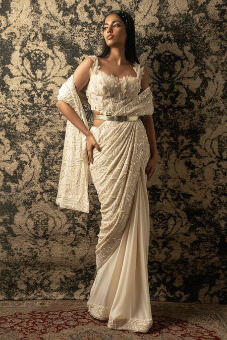 Jigar & Nikita_Ivory Georgette, Silk , Net, Cut Work, Embroidered Saree With Blouse _Online_at_Aza_Fashions
