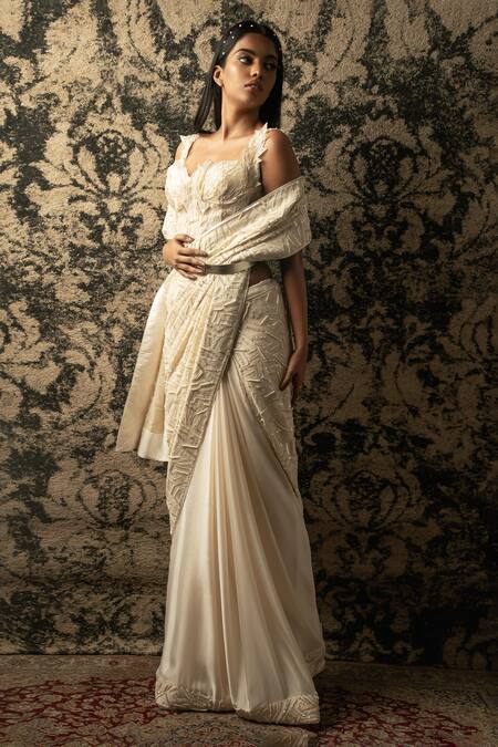 Buy_Jigar & Nikita_Ivory Georgette, Silk , Net, Cut Work, Embroidered Saree With Blouse _Online_at_Aza_Fashions