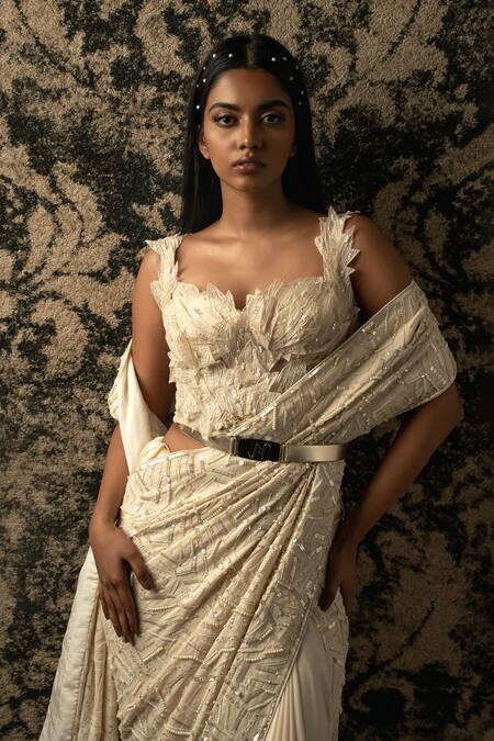 Shop_Jigar & Nikita_Ivory Georgette, Silk , Net, Cut Work, Embroidered Saree With Blouse _Online_at_Aza_Fashions