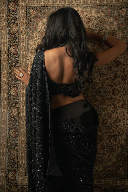 Shop_Jigar & Nikita_Black Silk , Georgette, Scallop Embroidered Saree With Corset Blouse _at_Aza_Fashions