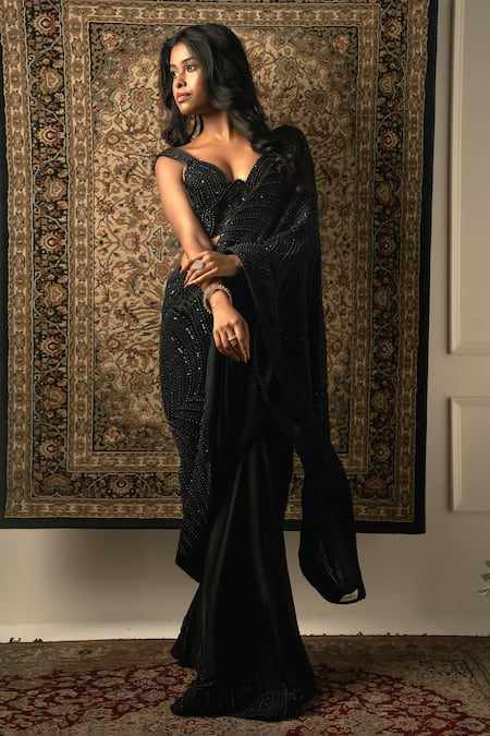 Buy_Jigar & Nikita_Black Silk , Georgette, Scallop Embroidered Saree With Corset Blouse _Online_at_Aza_Fashions