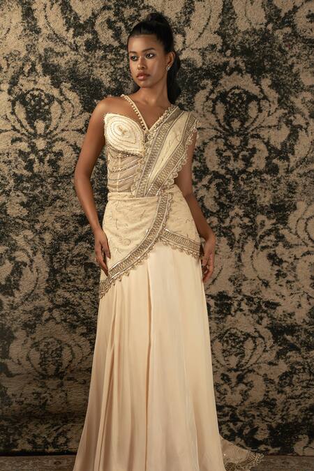 Jigar & Nikita_Gold Net, Silk Satin Cut Work, Paisley Pre-draped Skirt Saree With Blouse _Online_at_Aza_Fashions