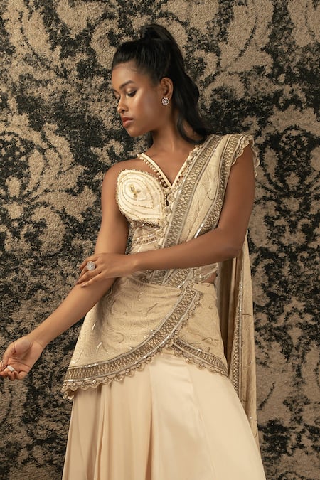 Buy_Jigar & Nikita_Gold Net, Silk Satin Cut Work, Paisley Pre-draped Skirt Saree With Blouse _Online_at_Aza_Fashions