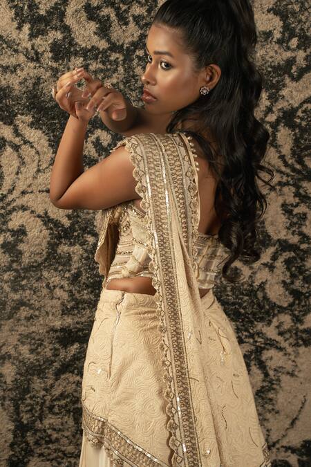 Jigar & Nikita_Gold Net, Silk Satin Cut Work, Paisley Pre-draped Skirt Saree With Blouse _at_Aza_Fashions