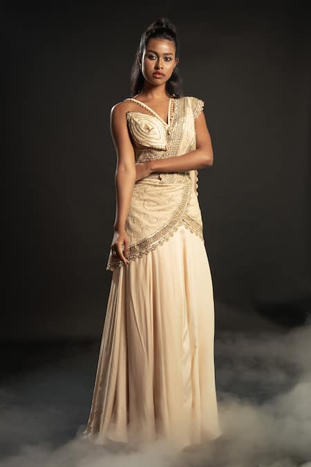 Buy_Jigar & Nikita_Gold Net, Silk Satin Cut Work, Paisley Pre-draped Skirt Saree With Blouse 