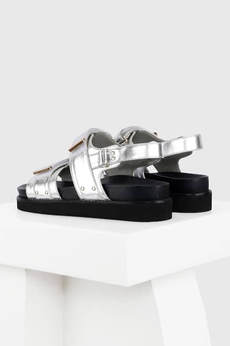 Shop Oroh Silver Double Strap Flat Sandals at Aza Fashions Shop_Oroh_Silver Double Strap Flat Sandals _at_Aza_Fashions