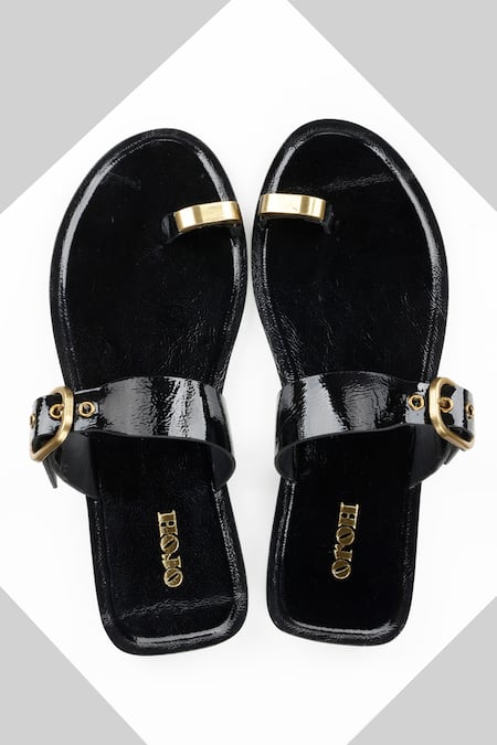 Oroh_Black Metal Buckle Strap Toe Ring Flats _Online_at_Aza_Fashions