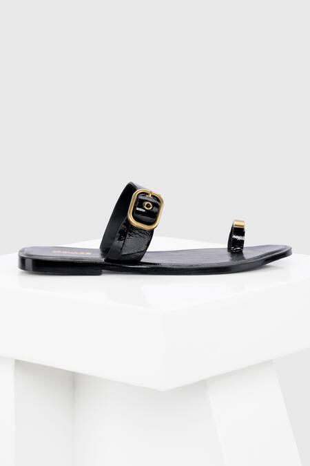 Buy_Oroh_Black Metal Buckle Strap Toe Ring Flats _Online_at_Aza_Fashions