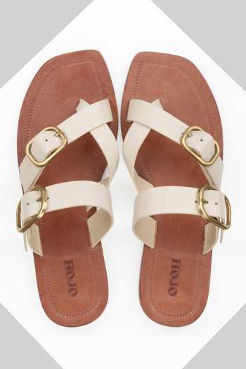 Oroh_Beige Livorno Cross Buckled Strap Leather Flats _Online_at_Aza_Fashions