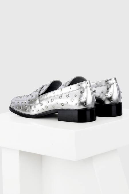 Shop Oroh Silver Studs, Embroidery Genova Star Studded Heeled Loafers at Aza Fashions Shop_Oroh_Silver Studs, Embroidery Genova Star Studded Heeled Loafers_at_Aza_Fashions