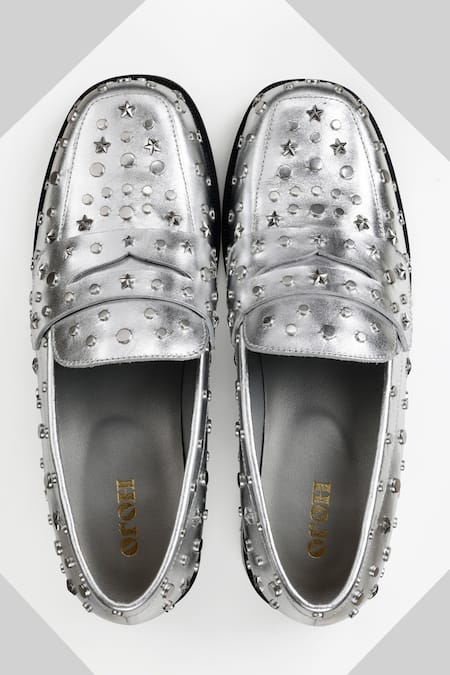 Oroh Silver Studs, Embroidery Genova Star Studded Heeled Loafers Online at Aza Fashions Oroh_Silver Studs, Embroidery Genova Star Studded Heeled Loafers_Online_at_Aza_Fashions