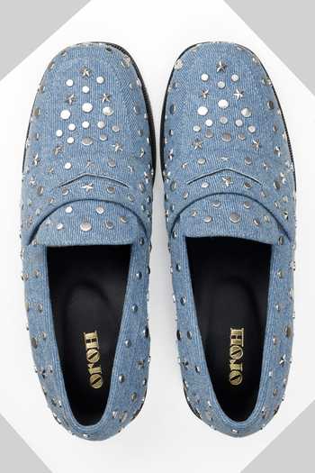 Oroh_Blue Studs, Embroidery Genova Star Studded Heeled Denim Loafers _Online_at_Aza_Fashions