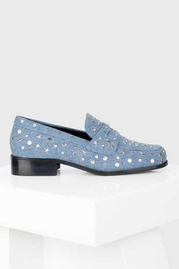 Buy_Oroh_Blue Studs, Embroidery Genova Star Studded Heeled Denim Loafers _Online_at_Aza_Fashions