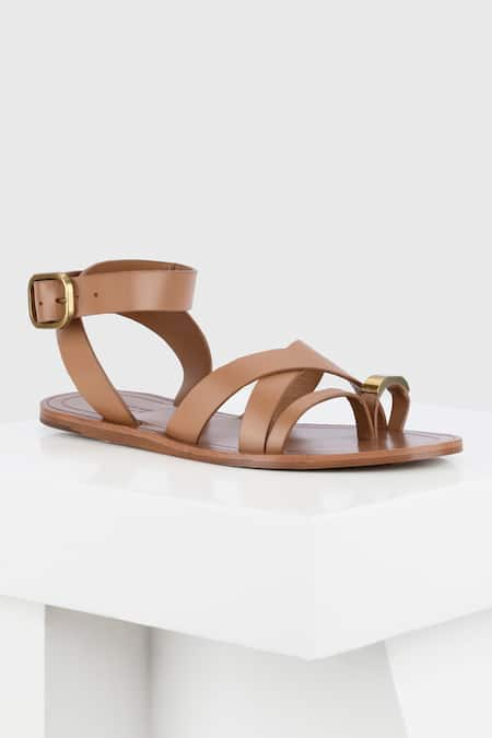 OROH Brown Solid Roma Cross And Multi Strapped Flats 