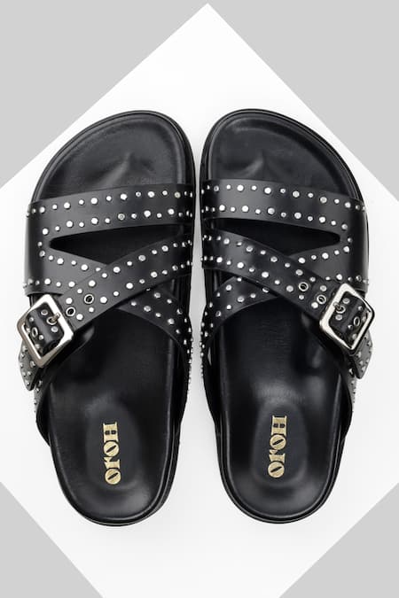 Oroh_Black Studs Novara Studded Strap Footbed Sandals _Online_at_Aza_Fashions