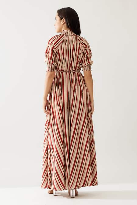 Shop_Koai_Red Cotton, Silk Collared Stripe Print Maxi Dress _at_Aza_Fashions