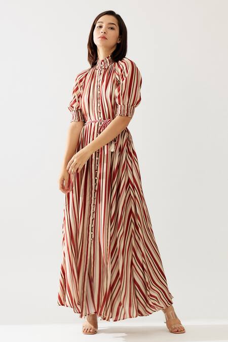 Koai_Red Cotton, Silk Collared Stripe Print Maxi Dress _at_Aza_Fashions
