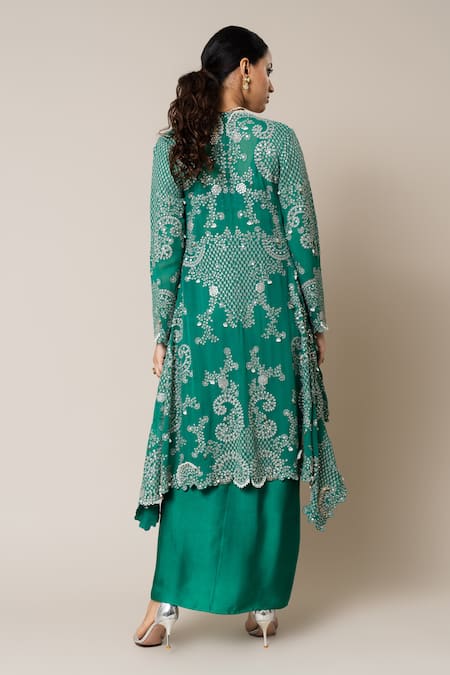 Shop_Nupur Kanoi_Green Crepe, Satin Pearls, Smocking, Metallic Hand Embroidered Cape Skirt Set _at_Aza_Fashions