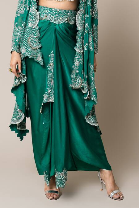 Nupur Kanoi_Green Crepe, Satin Pearls, Smocking, Metallic Hand Embroidered Cape Skirt Set _Online_at_Aza_Fashions