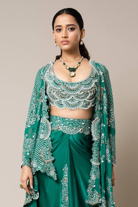 Buy_Nupur Kanoi_Green Crepe, Satin Pearls, Smocking, Metallic Hand Embroidered Cape Skirt Set _Online_at_Aza_Fashions