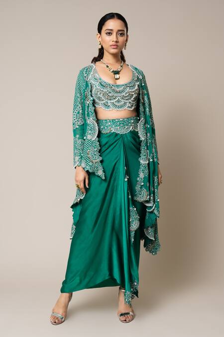 Shop_Nupur Kanoi_Green Crepe, Satin Pearls, Smocking, Metallic Hand Embroidered Cape Skirt Set _Online_at_Aza_Fashions