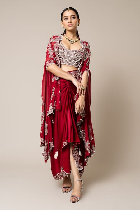 Shop_Nupur Kanoi_Red Crepe, Satin Mirrors, Pearls, Smocking, Sequins, Embroidered Cape Skirt Set _at_Aza_Fashions